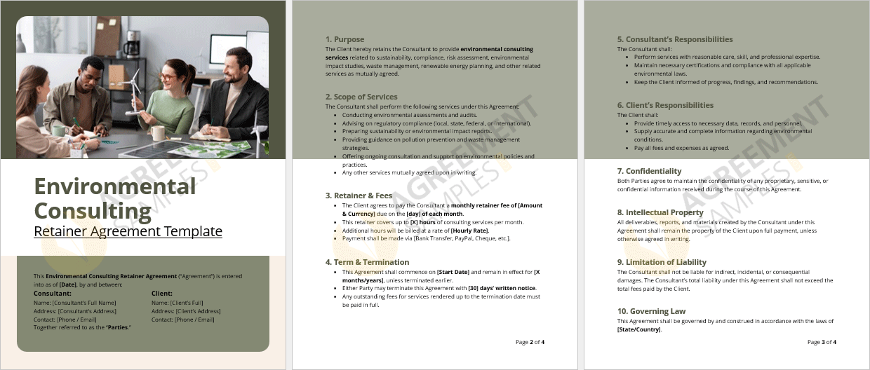 Full-page view of the complete Environmental Consulting Retainer Agreement Template in editable Word format.