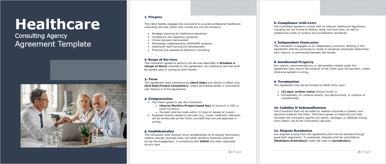Full view of the Healthcare Consulting Agency Agreement Template displaying all key sections including scope of work, compliance, termination, and dispute resolution.