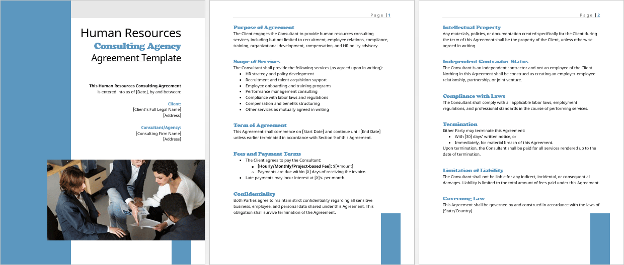 Full-page preview of the Human Resources Consulting Agency Agreement template with detailed service scope, terms, and conditions.