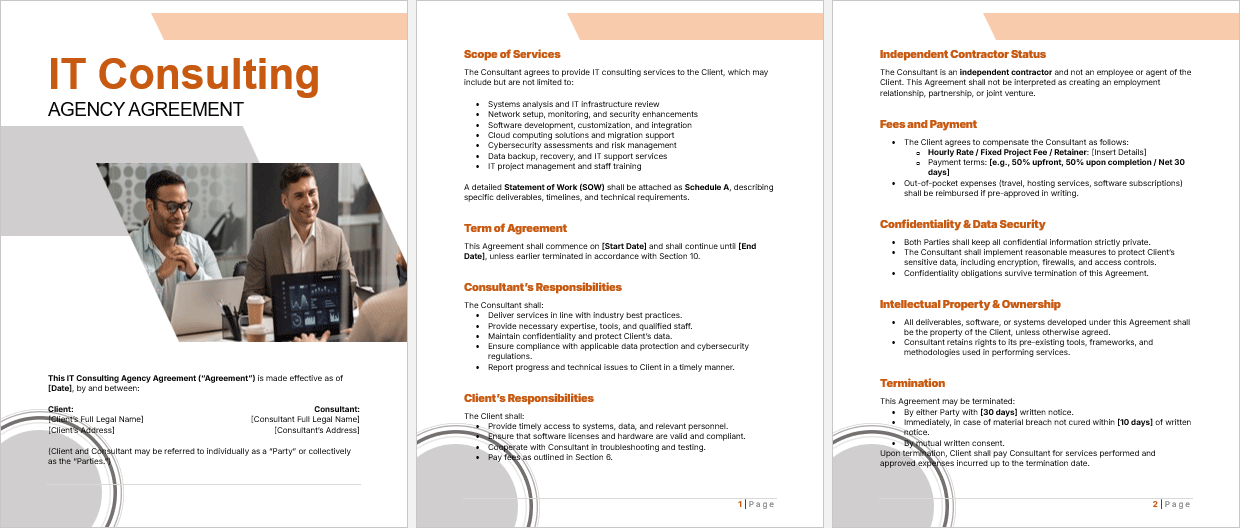 Full Word document view of IT Consulting Agency Agreement Template with complete sections for scope of work, responsibilities, and termination terms.