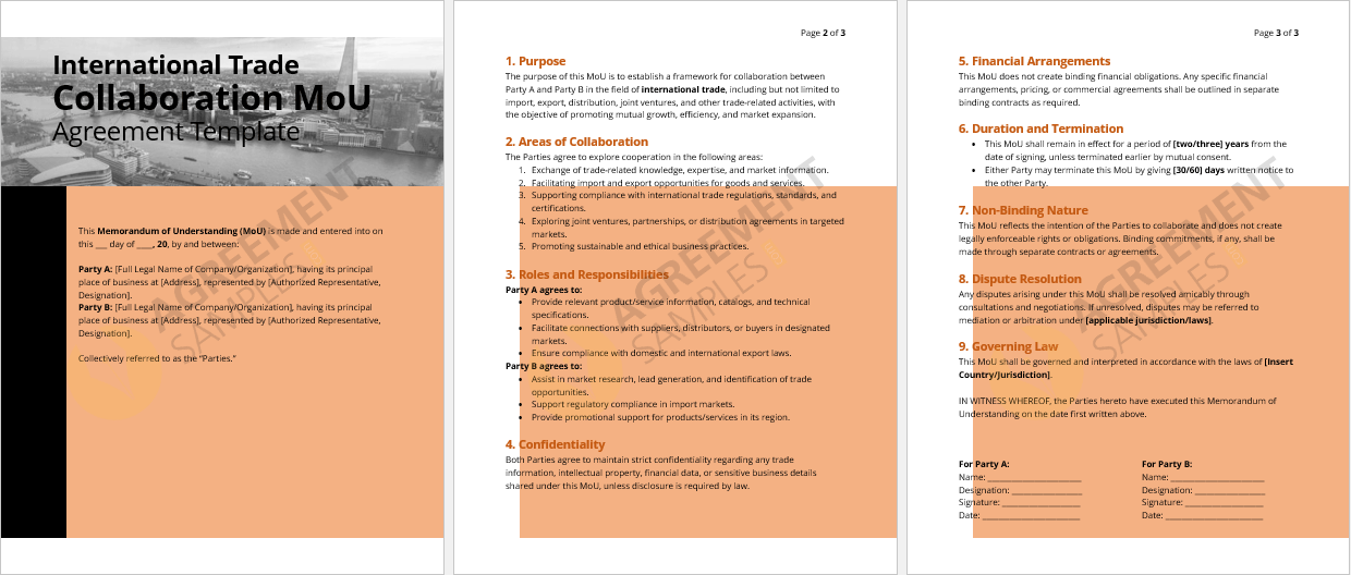 Full view of the International Trade Collaboration MoU template, covering purpose, responsibilities, confidentiality, and governing law sections.