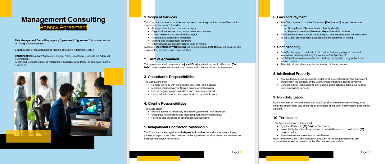 Full view of the editable Management Consulting Agency Agreement template with detailed sections and placeholders.