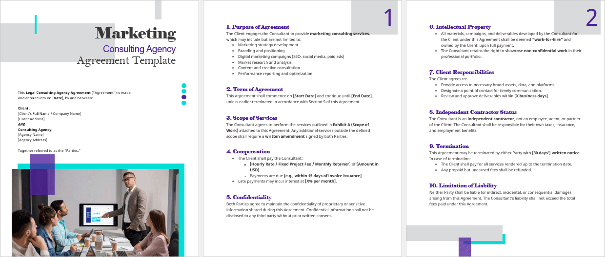 Full-page view of the Marketing Consulting Agency Agreement Template, including terms, responsibilities, and signature section.