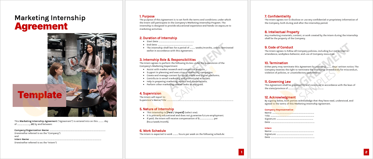 Full view of the Marketing Internship Agreement Template in Word format, featuring customizable fields for company, intern, and internship details.