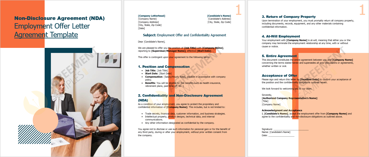Full page view of the Non-Disclosure Agreement (NDA) Employment Offer Letter Agreement template highlighting its structured format and professional design.