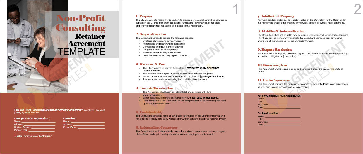 Full view of the Non-Profit Consulting Retainer Agreement Template in editable Word format with signature blocks and agreement terms.