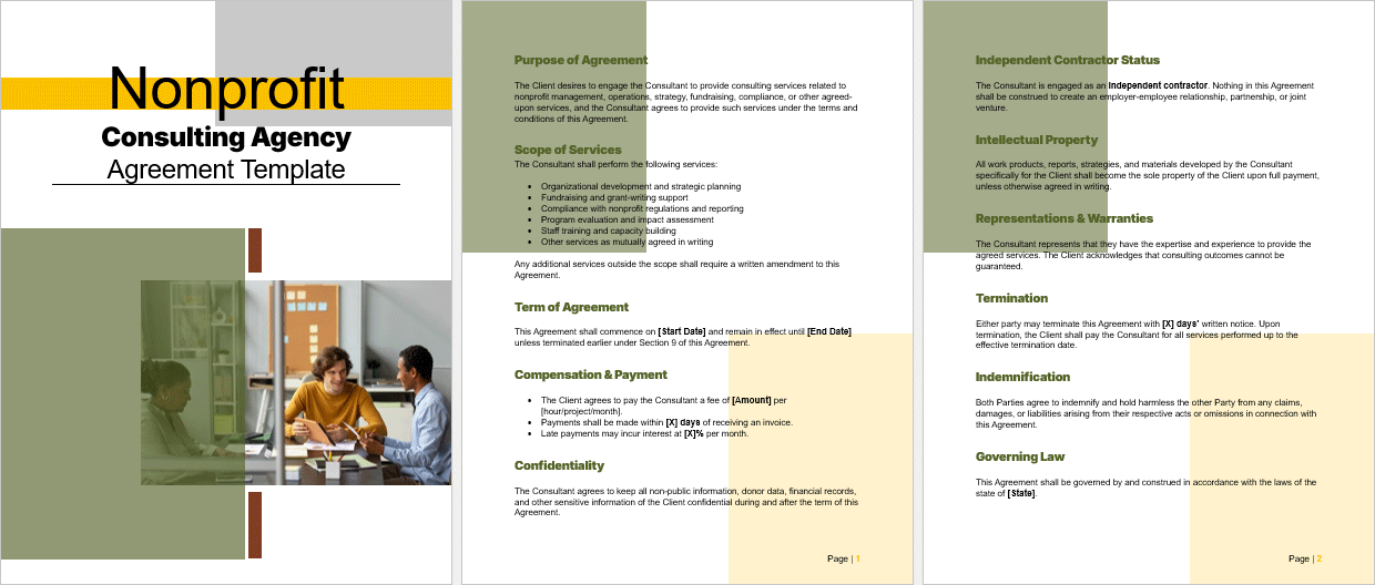 Full-page view of the nonprofit consulting agreement template in Microsoft Word format, ready for customization.