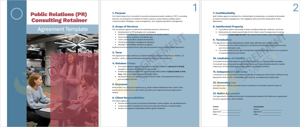 Full view of the Public Relations Consulting Retainer Agreement Template displaying structured sections for clients and consultants.