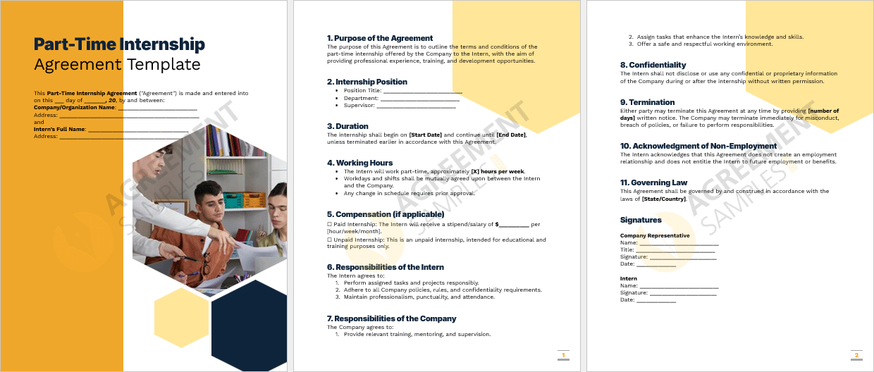 Full view of the Part-Time Internship Agreement template displaying structured sections for schedule, compensation, confidentiality, and termination clauses.
