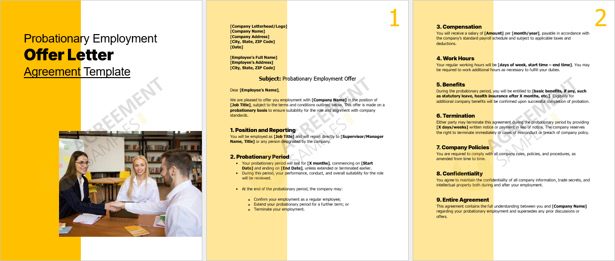 Full-page view of the Probationary Employment Offer Letter Agreement including acceptance and signature section