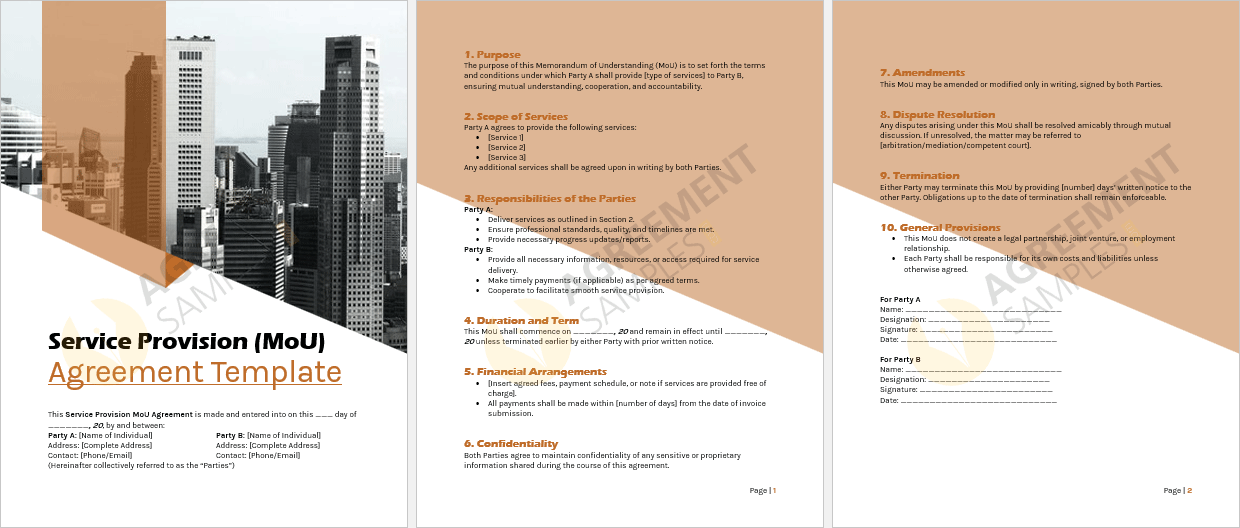 Full view of the Service Provision Memorandum of Understanding (MoU) Agreement Template in Microsoft Word format, ready to customize and use