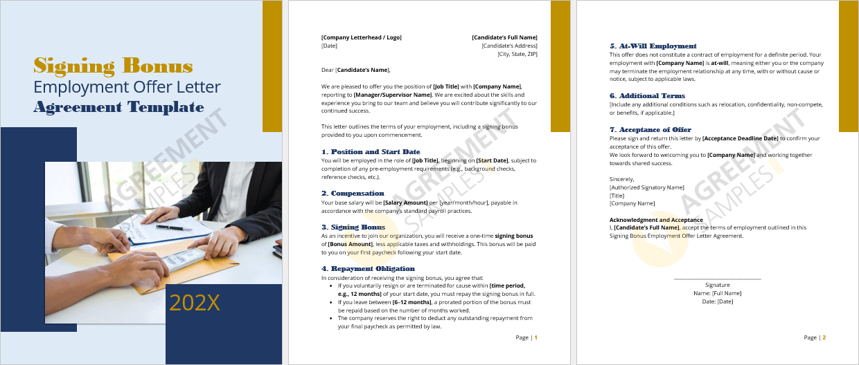 Full-page view of the Signing Bonus Employment Offer Letter Agreement, displaying the structured layout and professional formatting of the document.