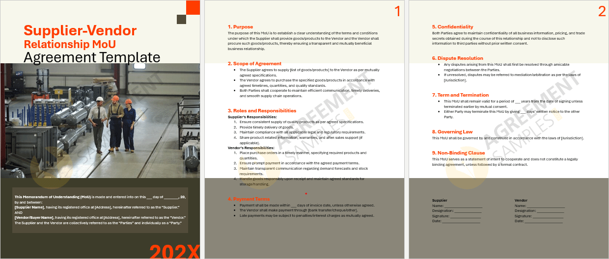 Full view of the Supplier-Vendor Relationship MoU Agreement template highlighting structure, sections, and editable fields.