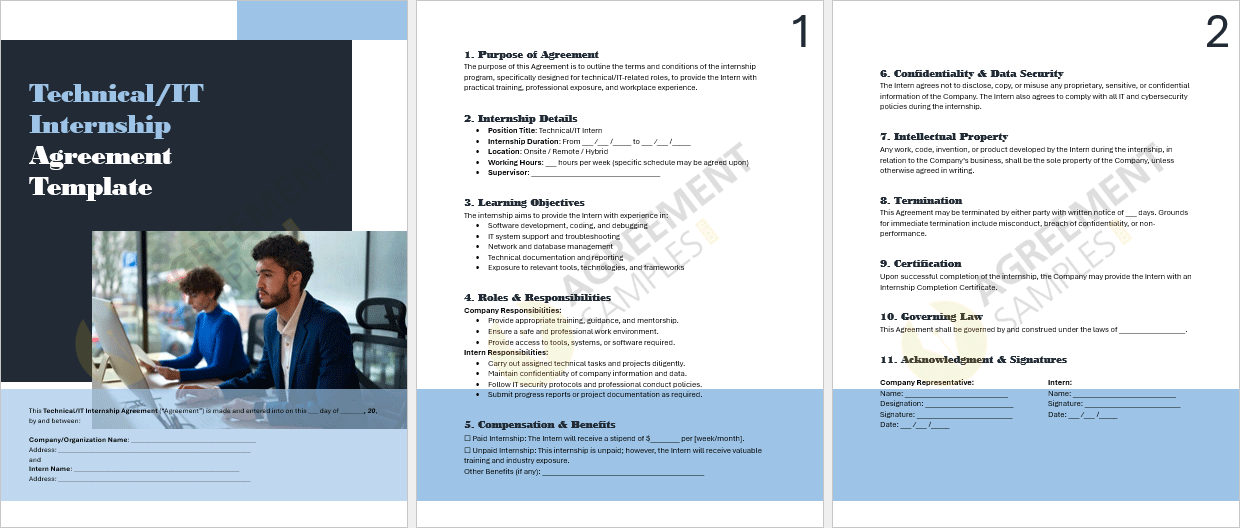 Full view of the editable Technical/IT Internship Agreement template in Word format, displaying structured clauses for IT internships.
