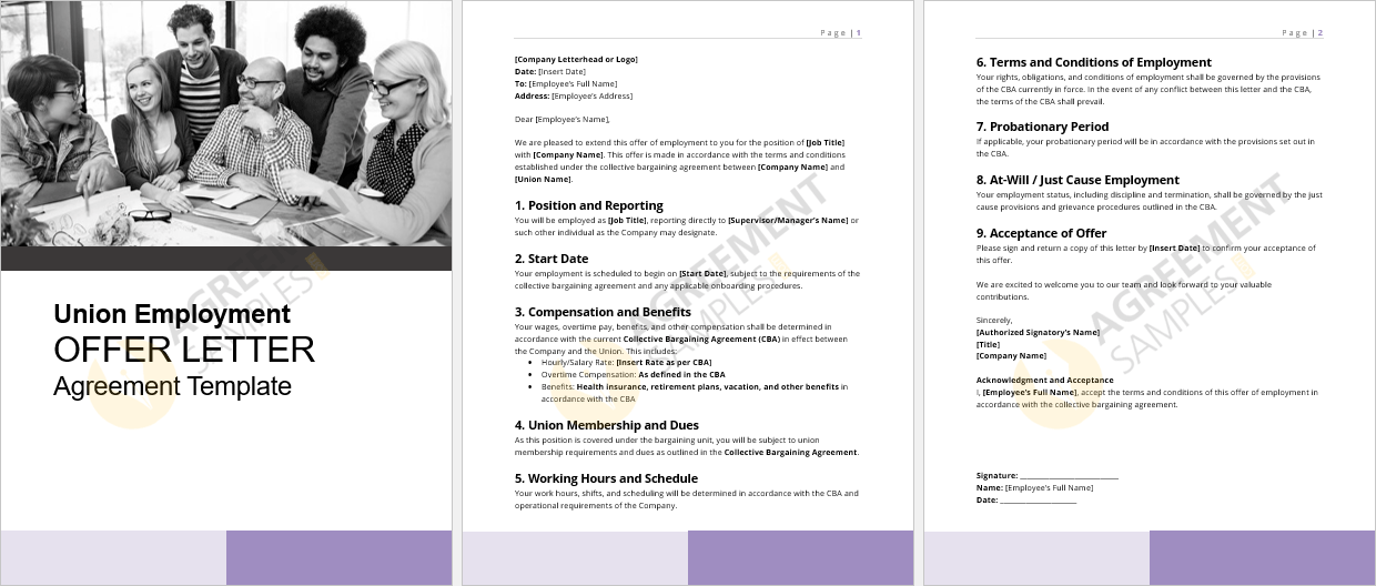 Full view of the Union Employment Offer Letter Agreement template, displaying a structured and editable format for employers and employees under union contracts.