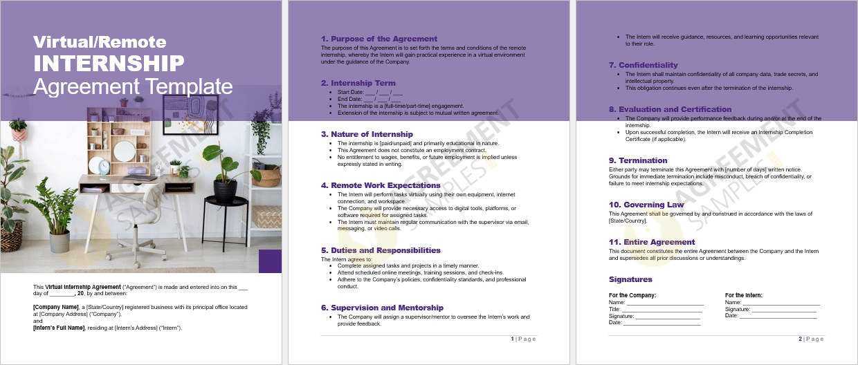Full document view of the Virtual/Remote Internship Agreement template in editable Word and PDF formats.
