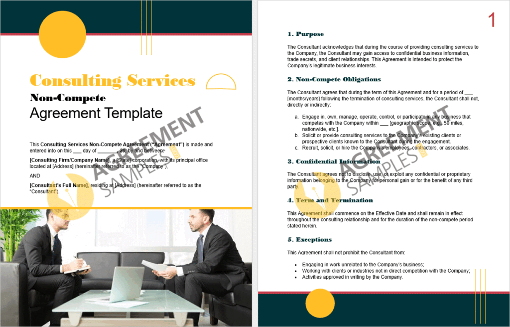 Preview of the inside pages of the Consulting Services Non-Compete Agreement Template with editable placeholders for company and consultant details.