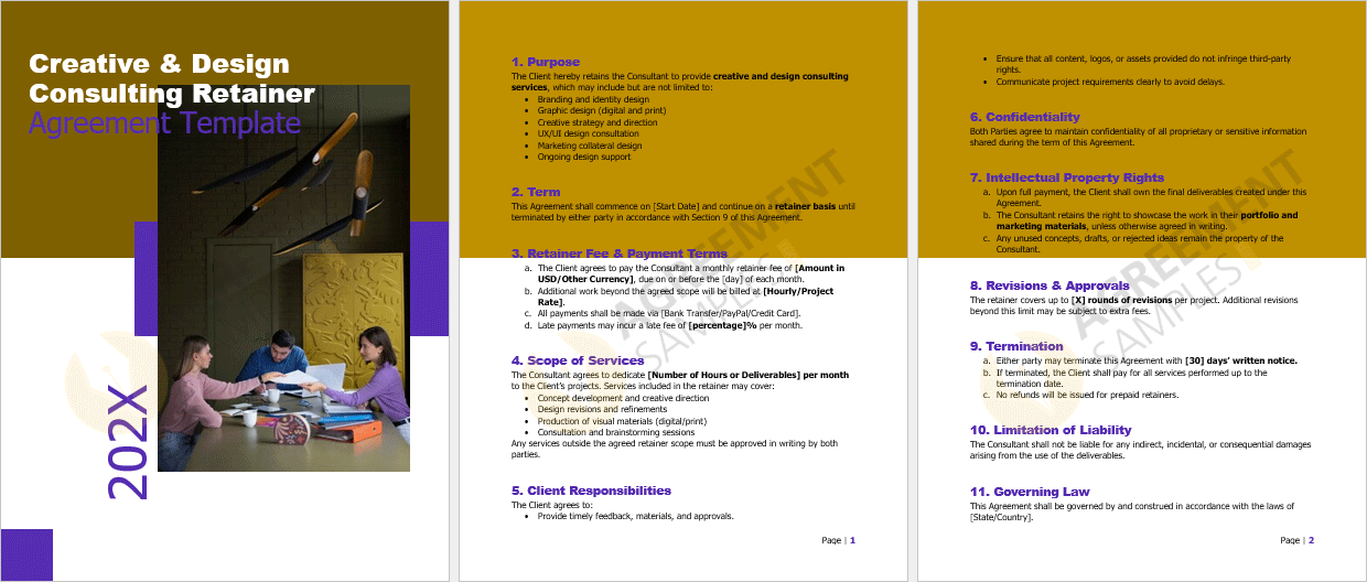 Complete view of the Creative & Design Consulting Retainer Agreement Template displaying all sections, including scope of services, payments, and intellectual property.