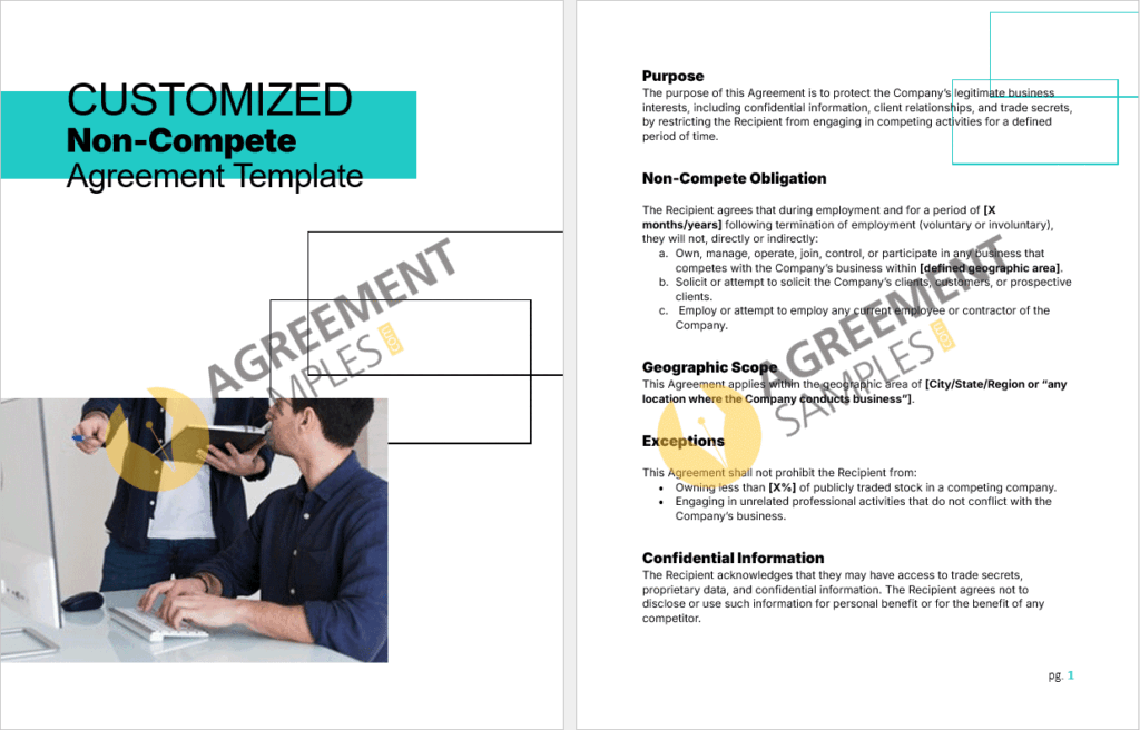 Preview of the editable Customized Non-Compete Agreement template showing professional formatting and customizable clauses