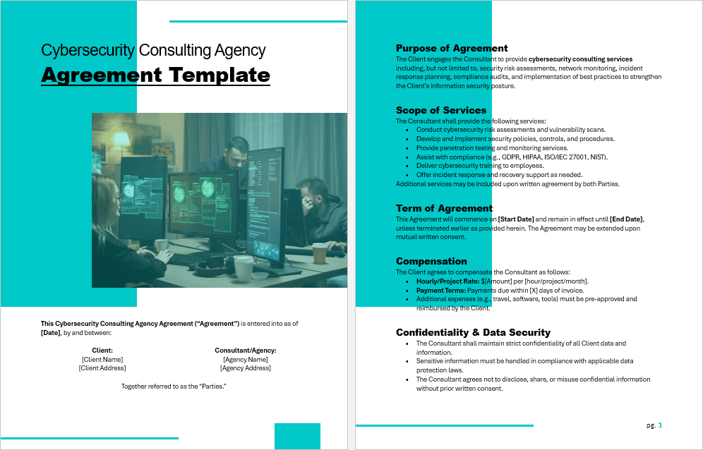 Sample inside pages of the Cybersecurity Consulting Agency Agreement showing scope of services and terms