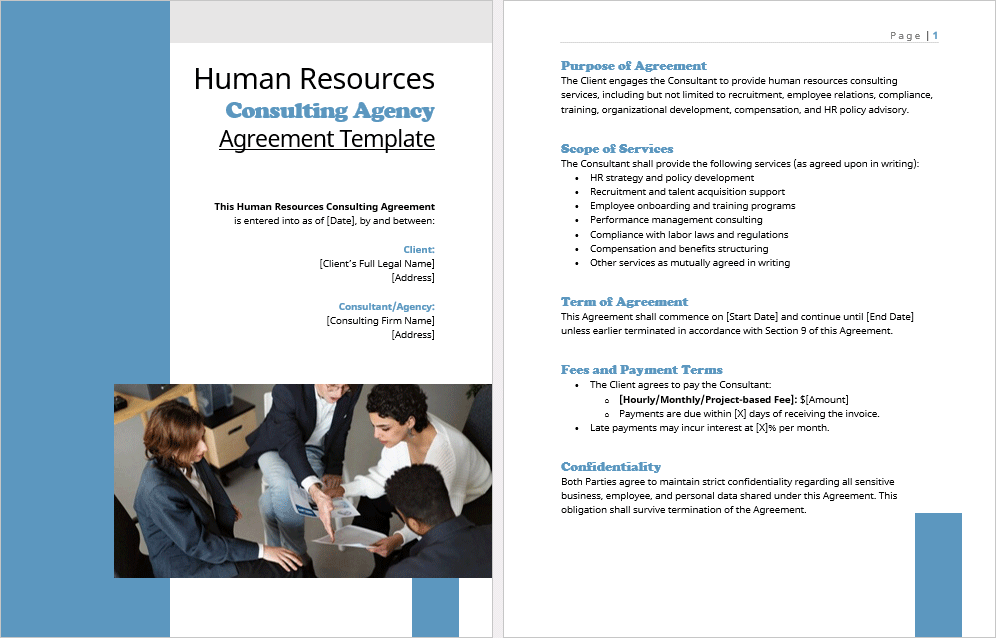 Inside view of the Human Resources Consulting Agency Agreement template showing editable sections and structured clauses.