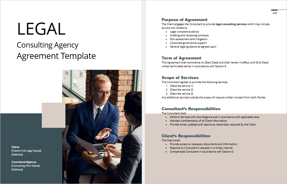 Preview of the editable Legal Consulting Agency Agreement Template showing detailed contract sections such as scope of services, payment terms, and confidentiality.