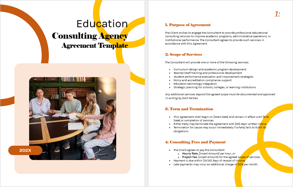 Preview of the Education Consulting Agency Agreement Template highlighting key sections such as scope of services and payment terms.