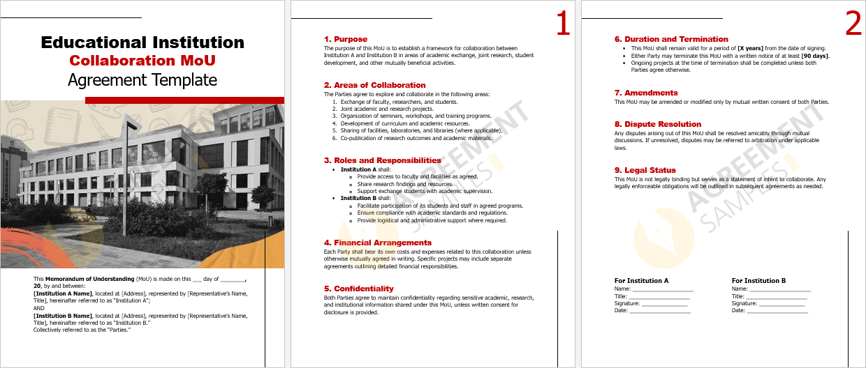 Complete view of the Educational Institution Collaboration MoU Agreement template with editable sections and signature blocks