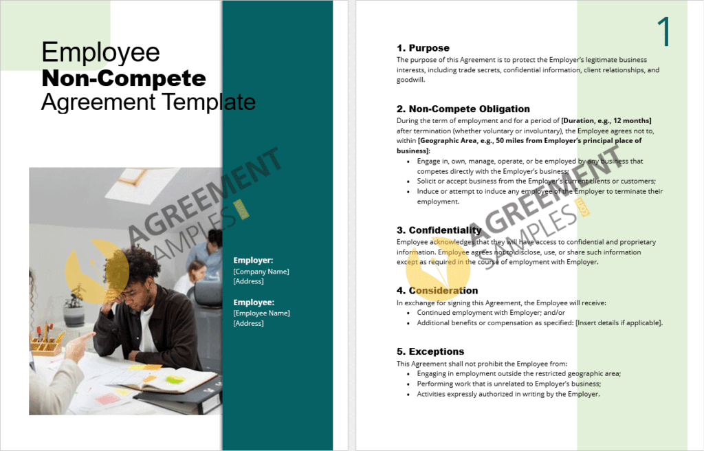 Preview of the Employee Non-Compete Agreement showing sample clauses and editable sections