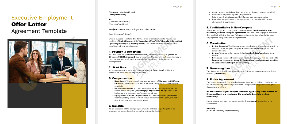 Complete view of the Executive Employment Offer Letter Agreement template in a professional layout, ready for customization.