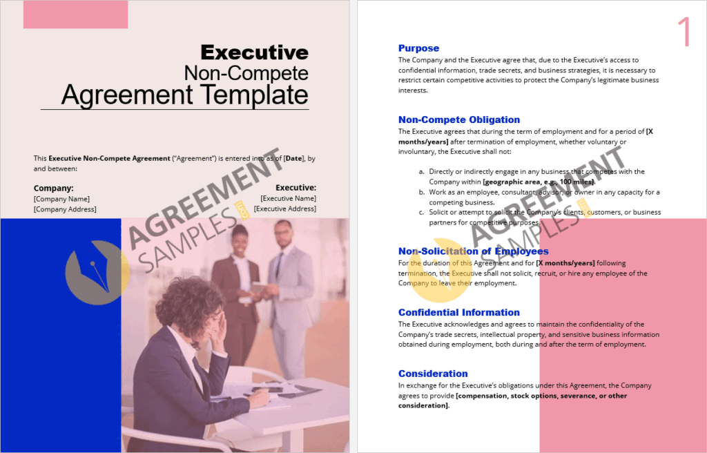 Preview of the Executive Non-Compete Agreement template showing detailed clauses on non-compete duration, scope, and non-solicitation.