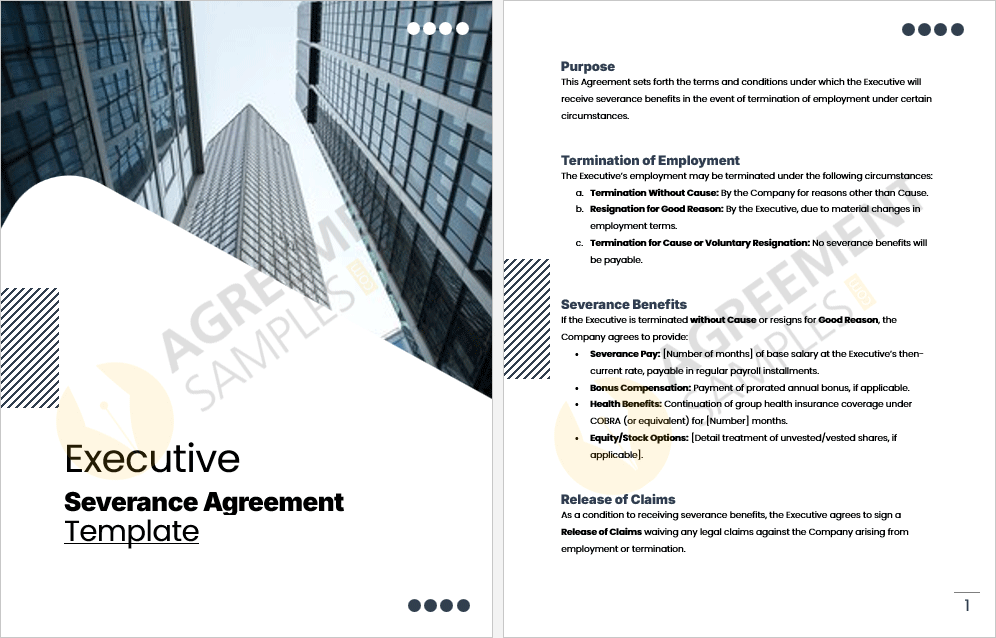 Inside preview of the Executive Severance Agreement Template highlighting sample clauses and agreement structure.