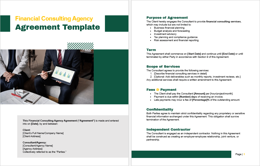 Inside preview showing editable sections of the Financial Consulting Agency Agreement Template including services and payment terms