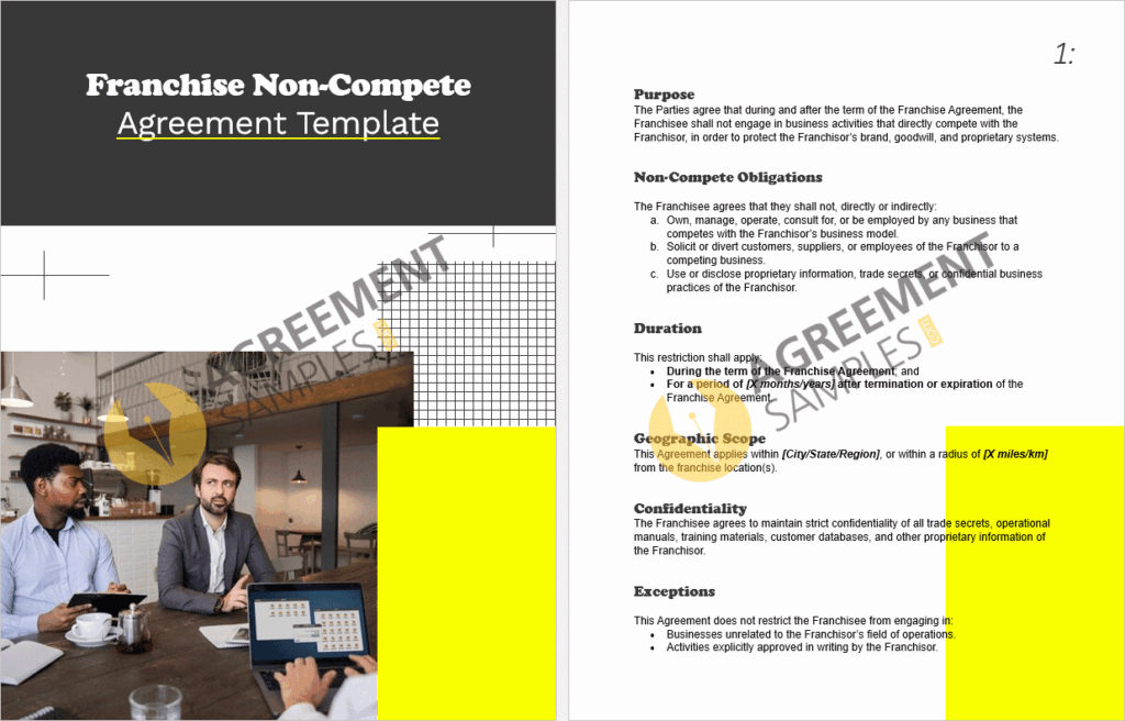 Inside preview of the editable Franchise Non-Compete Agreement Template showing customizable clauses and placeholders.