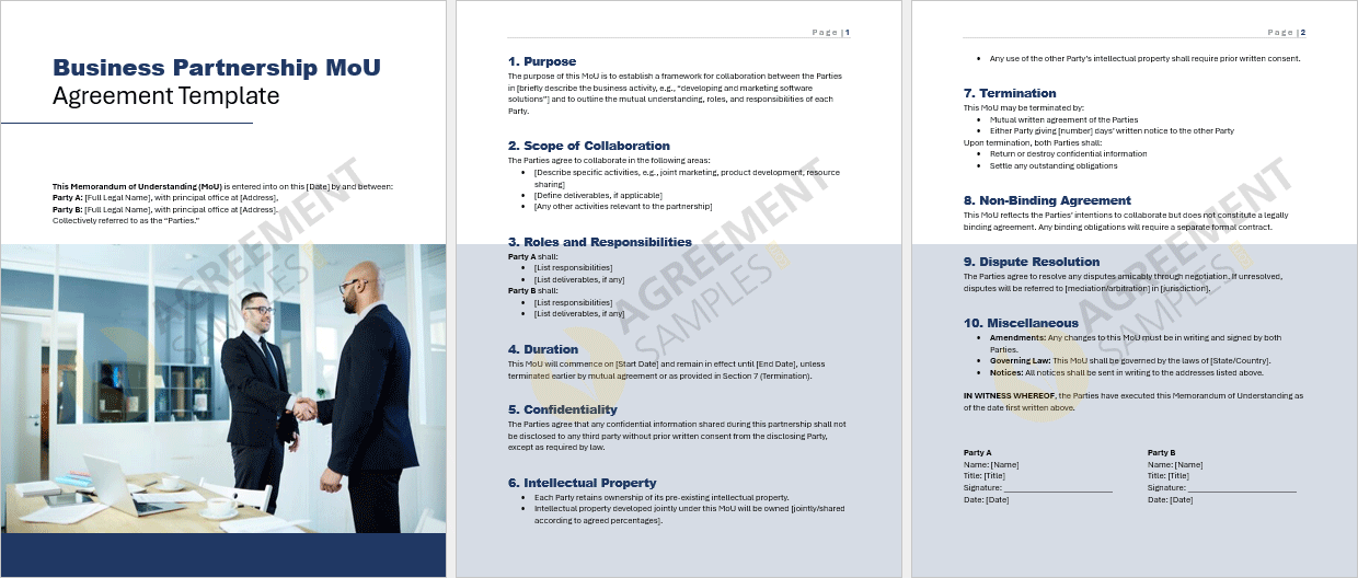 Full view of the Business Partnership MoU template displaying all sections including confidentiality, intellectual property, and termination clauses.