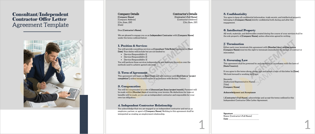 Complete view of the Consultant / Independent Contractor Offer Letter Agreement template with all sections visible