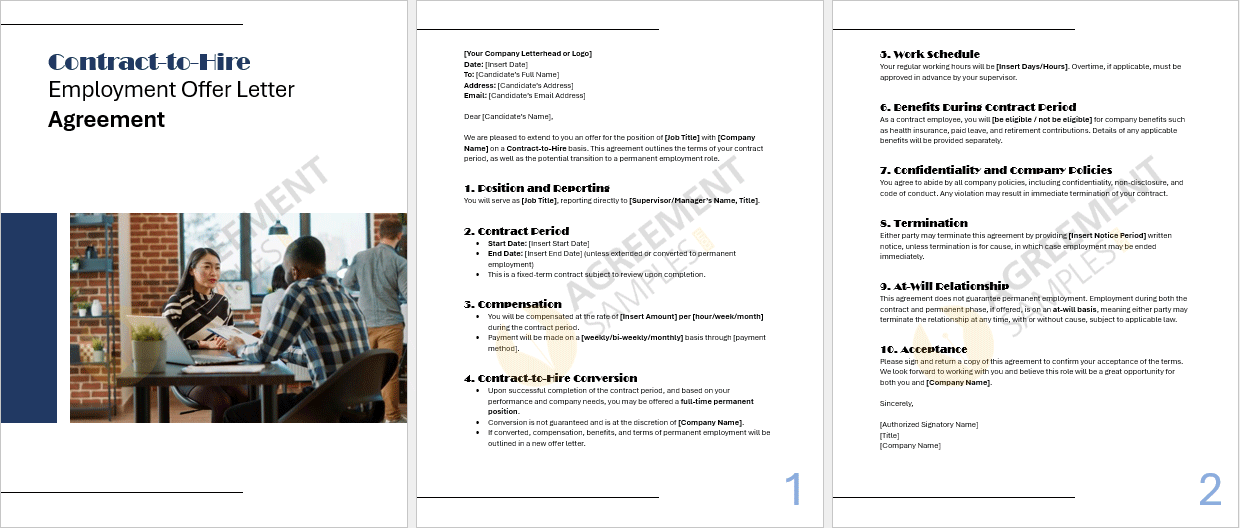 Complete view of the Contract-to-Hire Employment Offer Letter Agreement template, ready to edit and customize for business use.