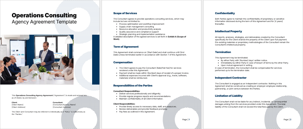 Complete view of the Operations Consulting Agency Agreement Template in Word format, fully customizable for consultants and businesses.