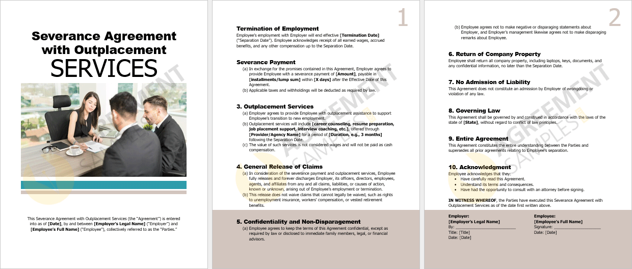 Complete view of the Severance Agreement with Outplacement Services template in editable format, available for download in Word and PDF.