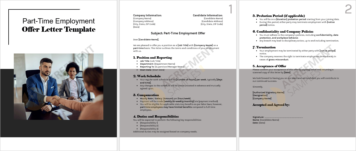 Full view of the Part-Time Employment Offer Letter template displaying all sections including schedule, compensation, confidentiality, and acceptance.