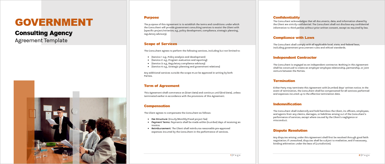Full-page view of the editable Government Consulting Agency Agreement Template in Word format.