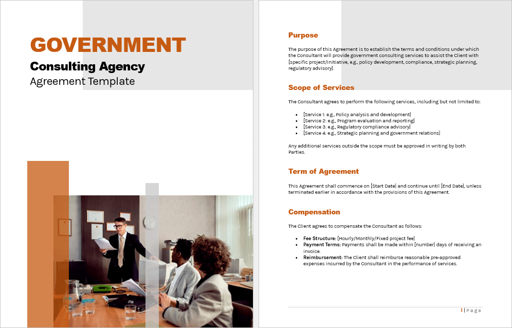 Inside preview of the Government Consulting Agency Agreement Template displaying sample clauses and structured formatting.