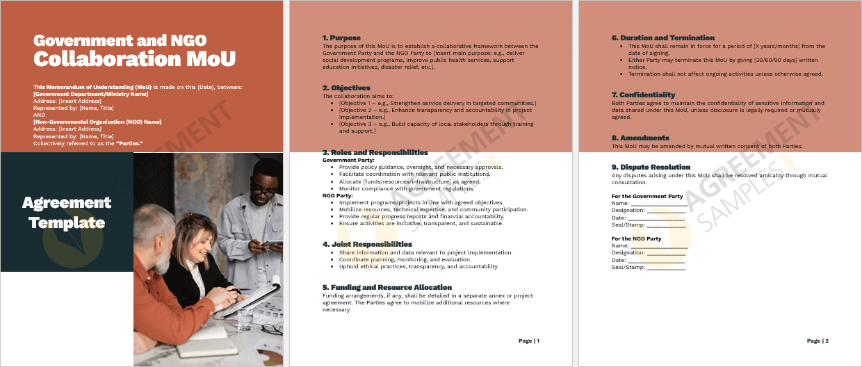 Full-page view of the Government and NGO Collaboration MoU agreement template, displaying structured clauses and customizable fields.