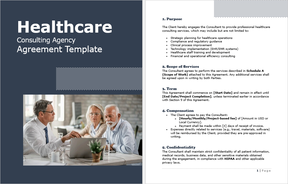 Inside page preview of the Healthcare Consulting Agency Agreement Template, highlighting editable sections for scope of services, compensation, and confidentiality.