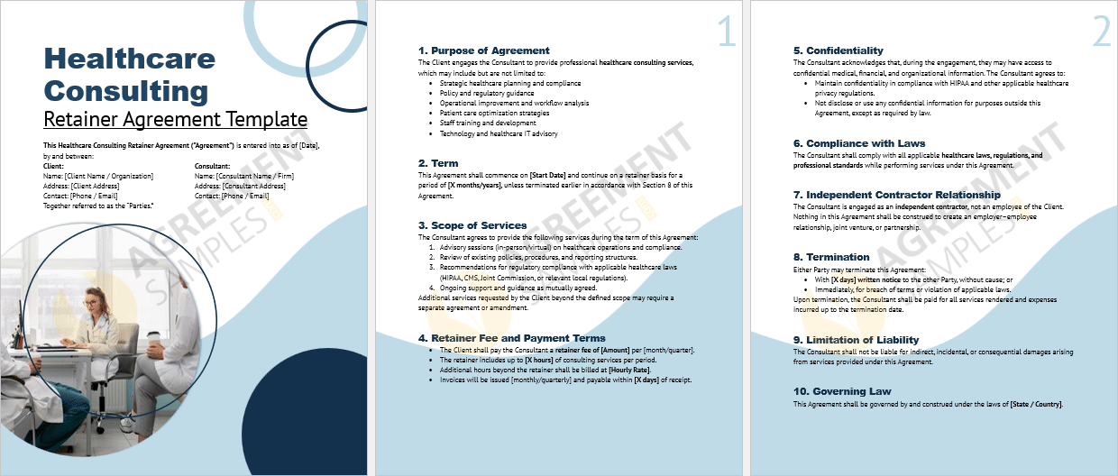 Full-page view of the Healthcare Consulting Retainer Agreement Template displaying key sections such as services, confidentiality, retainer fees, and compliance.