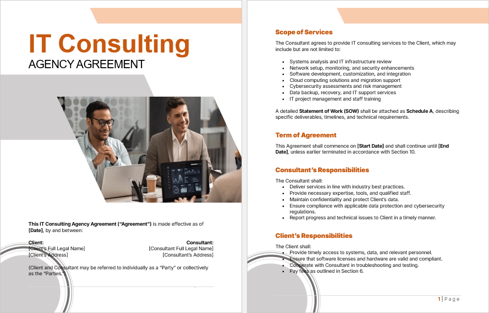 Preview of editable IT Consulting Agency Agreement Template showing detailed clauses on services, payment, and confidentiality.