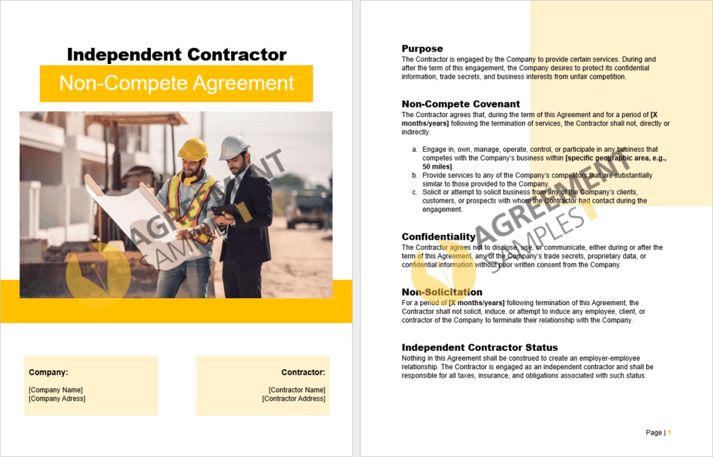 Sample preview of the Independent Contractor Non-Compete Agreement template showing key clauses and editable sections.