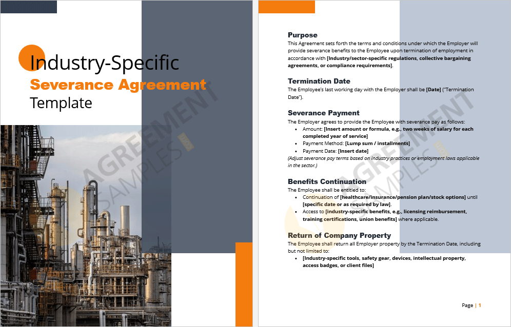 Preview of the Industry-Specific Severance Agreement template showing key sections such as severance pay, benefits continuation, and compliance clauses.
