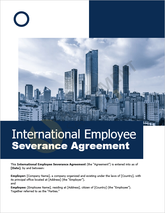 Cover page of the International Employee Severance Agreement Template, designed for global employers and HR professionals.