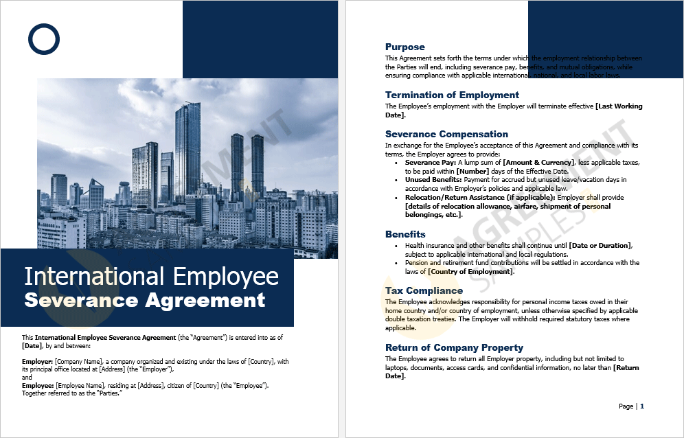 Inside page preview showing severance pay, benefits, and compliance sections of the International Employee Severance Agreement Template.